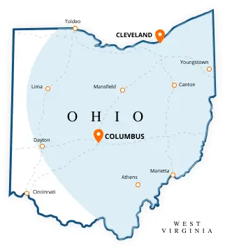 Map of Ohio showing APO Pumps & Compressors preventative maintenance service area with Cleveland and Columbus locations
